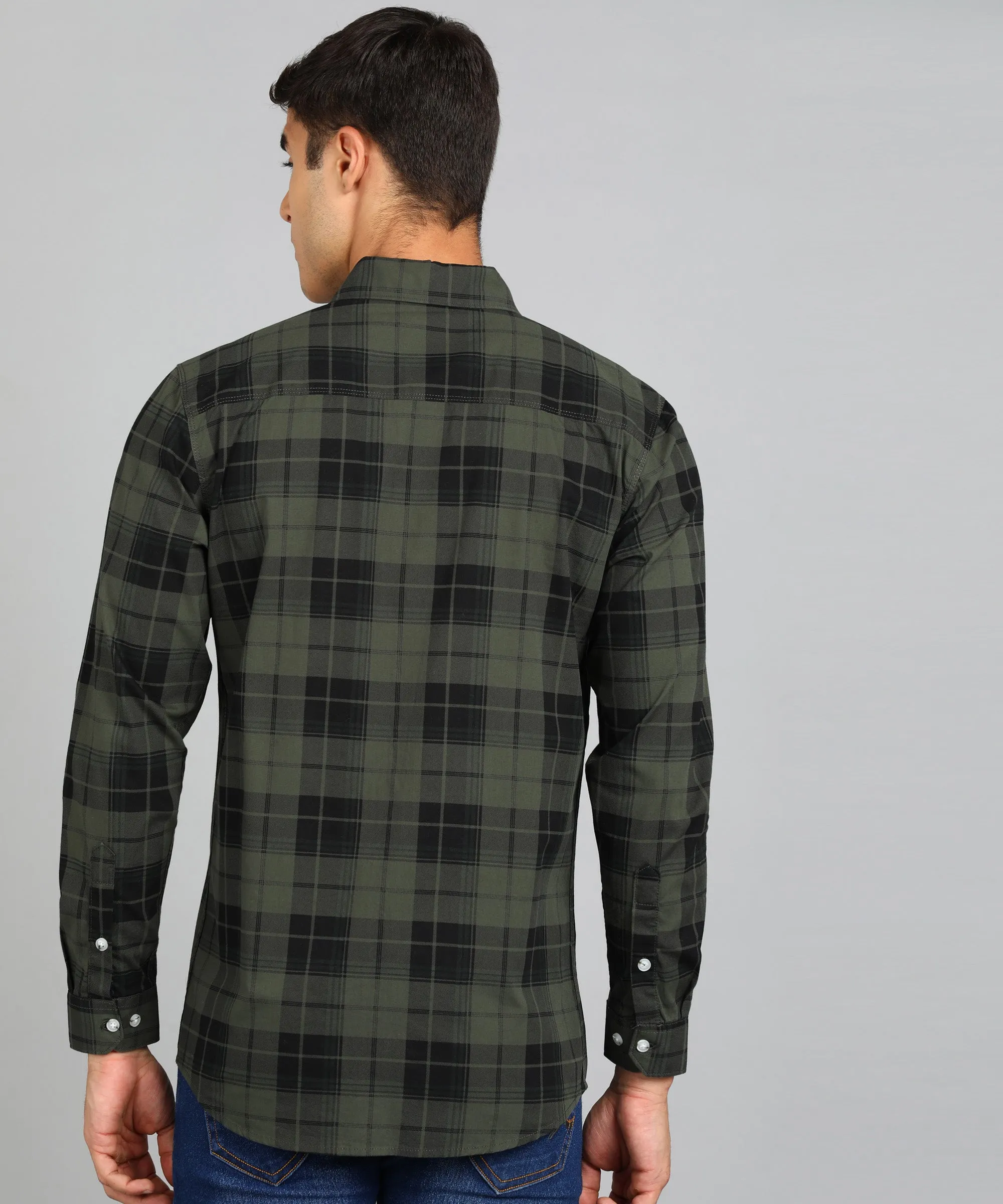 Men's Green Cotton Full Sleeve Slim Fit Casual Checkered Shirt