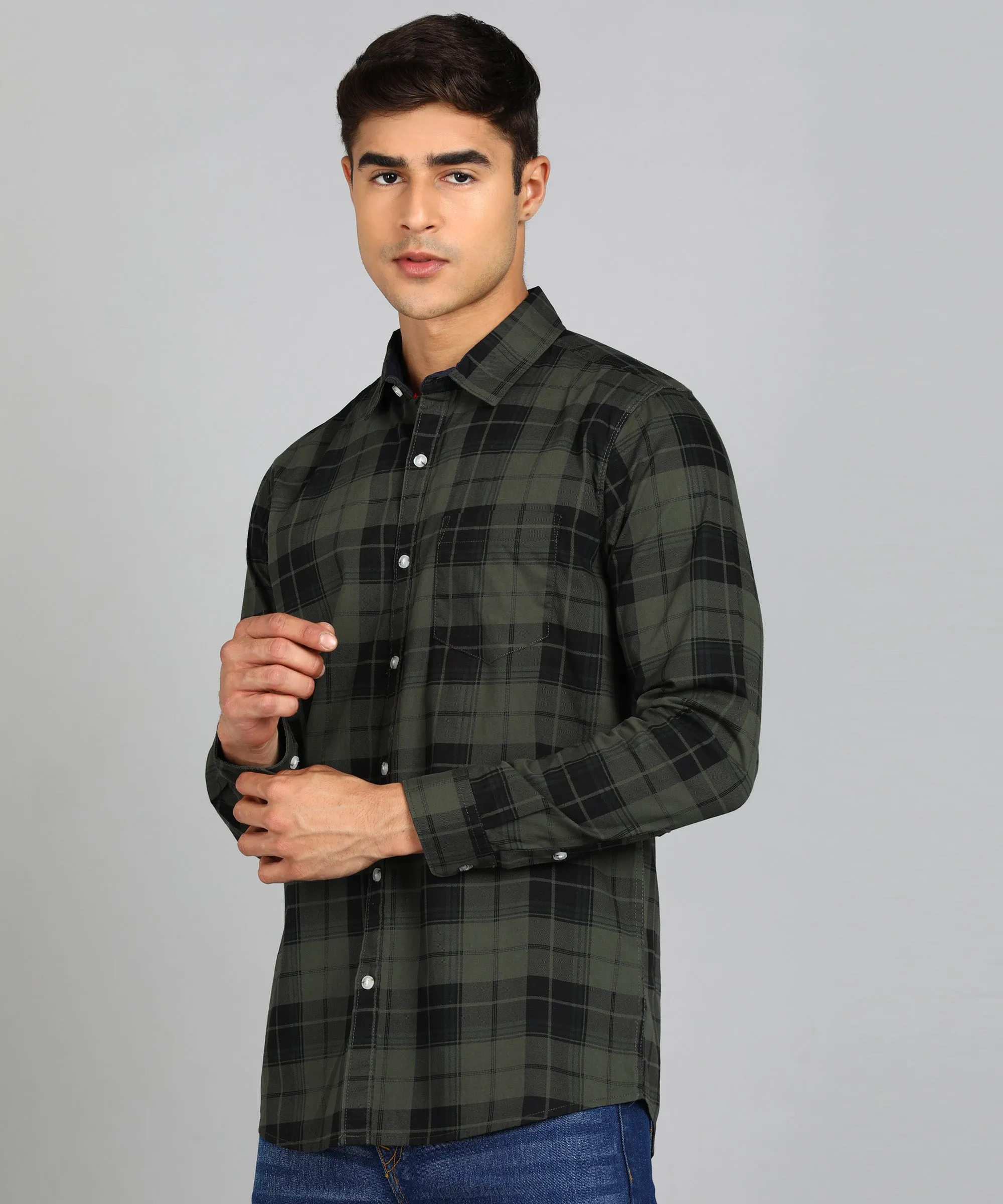 Men's Green Cotton Full Sleeve Slim Fit Casual Checkered Shirt