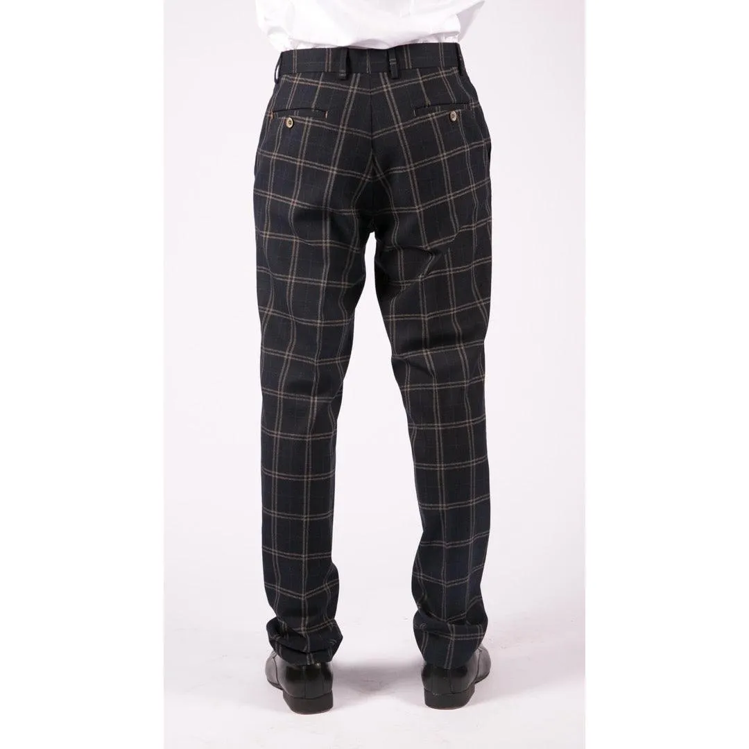 Mens Navy Blue Tan Prince Of Wales Check Trousers Regular Length Tailored Fit