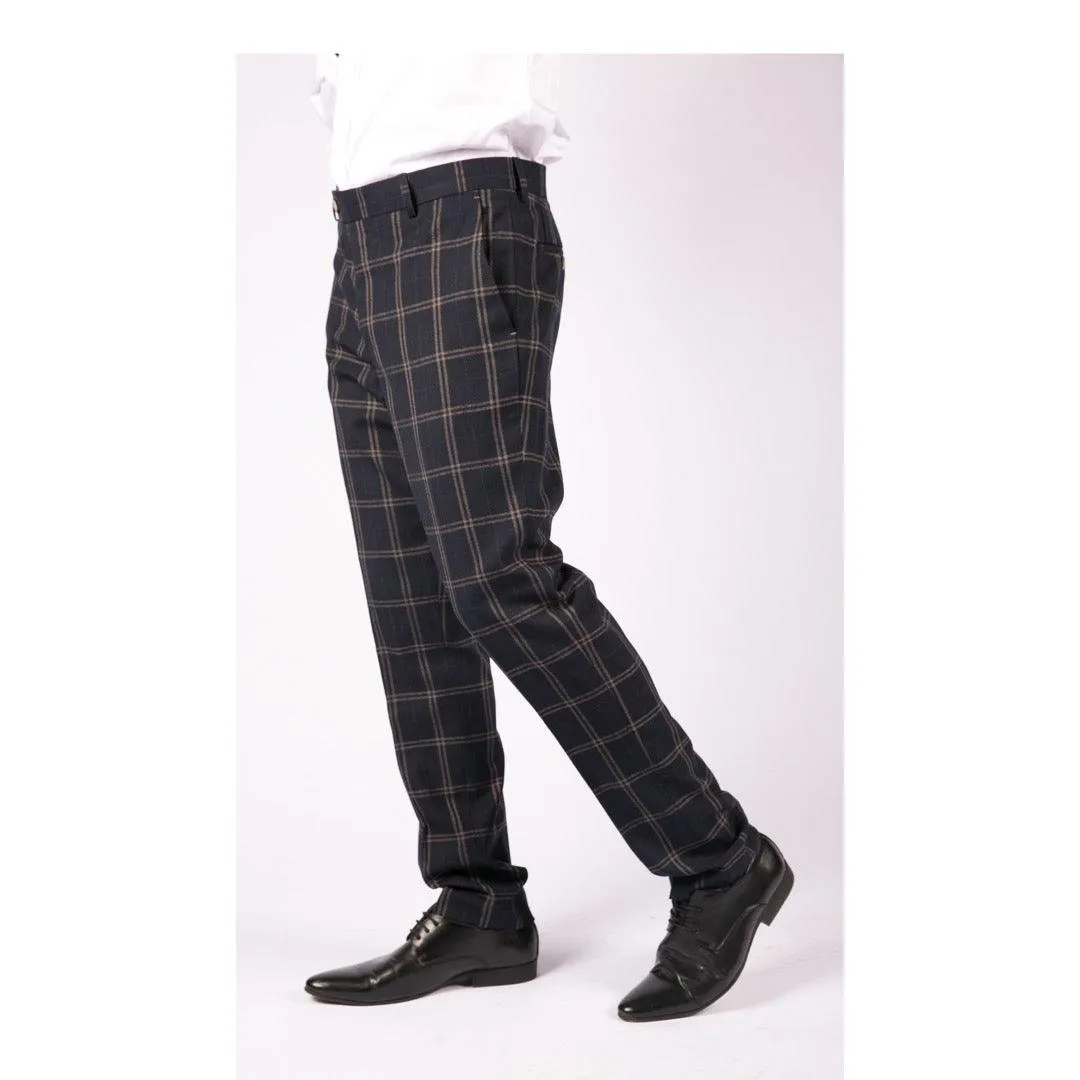 Mens Navy Blue Tan Prince Of Wales Check Trousers Regular Length Tailored Fit