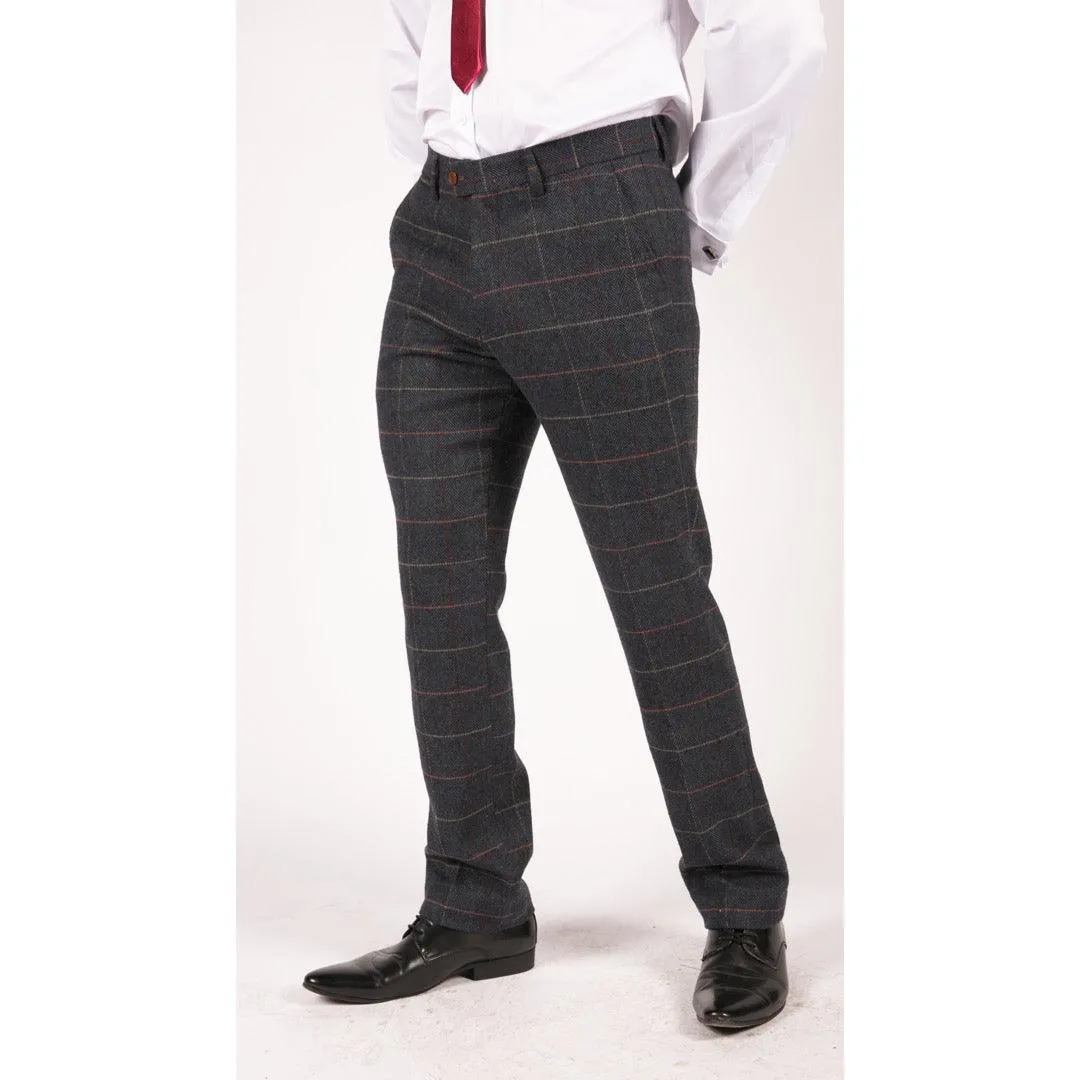 Mens Navy Blue Wine Trousers Check Herringbone Tweed Vintage New Marc Darcy