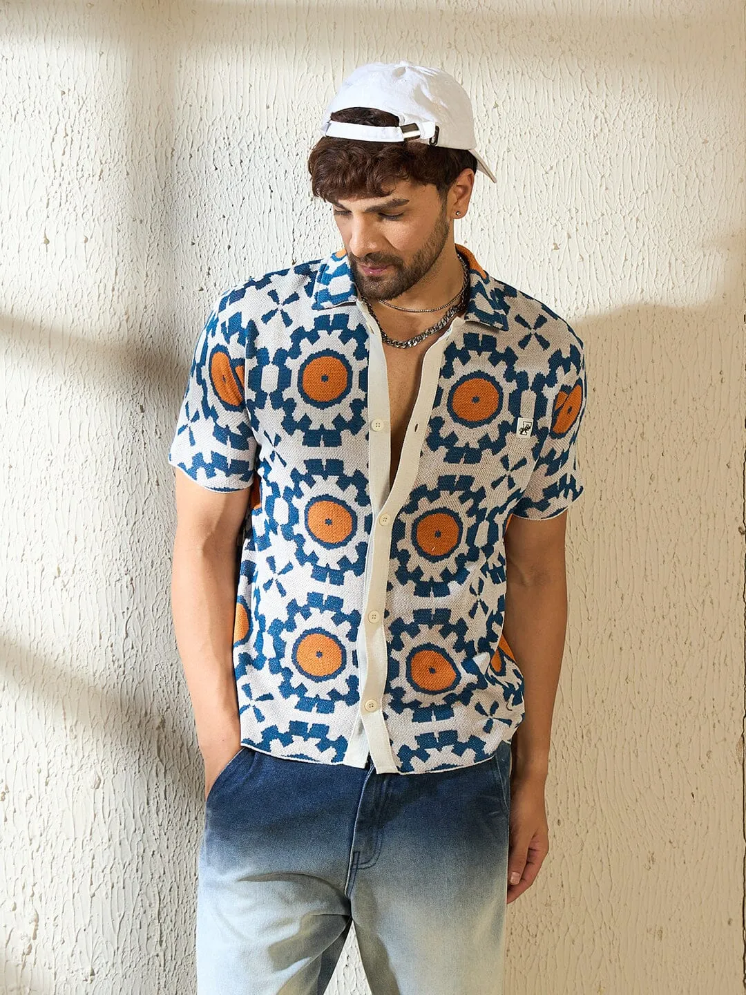 Navy & Orange Symmetrical Graphic Crochet Shirt