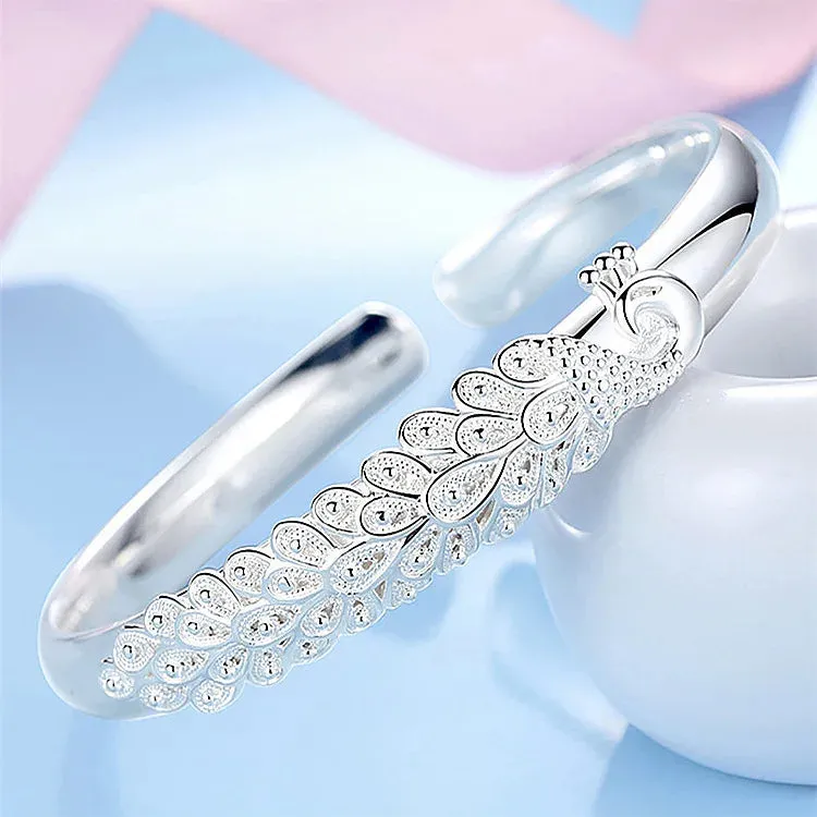 New 925 Sterling Silver Peacock Bracelet Bangle for Women | Elegant Fashion Jewelry for Parties and Weddings | Perfect Gift Accessory