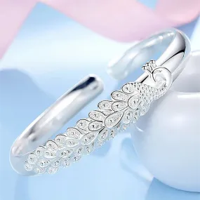 New 925 Sterling Silver Peacock Bracelet Bangle for Women | Elegant Fashion Jewelry for Parties and Weddings | Perfect Gift Accessory