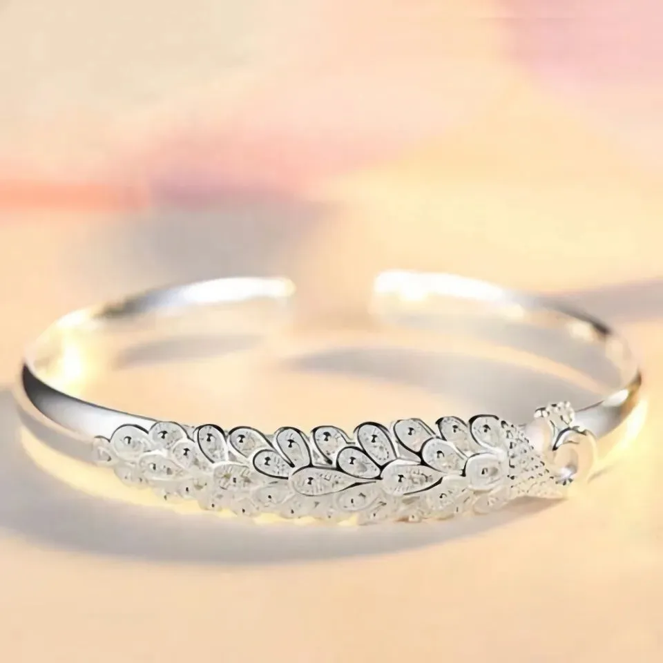 New 925 Sterling Silver Peacock Bracelet Bangle for Women | Elegant Fashion Jewelry for Parties and Weddings | Perfect Gift Accessory