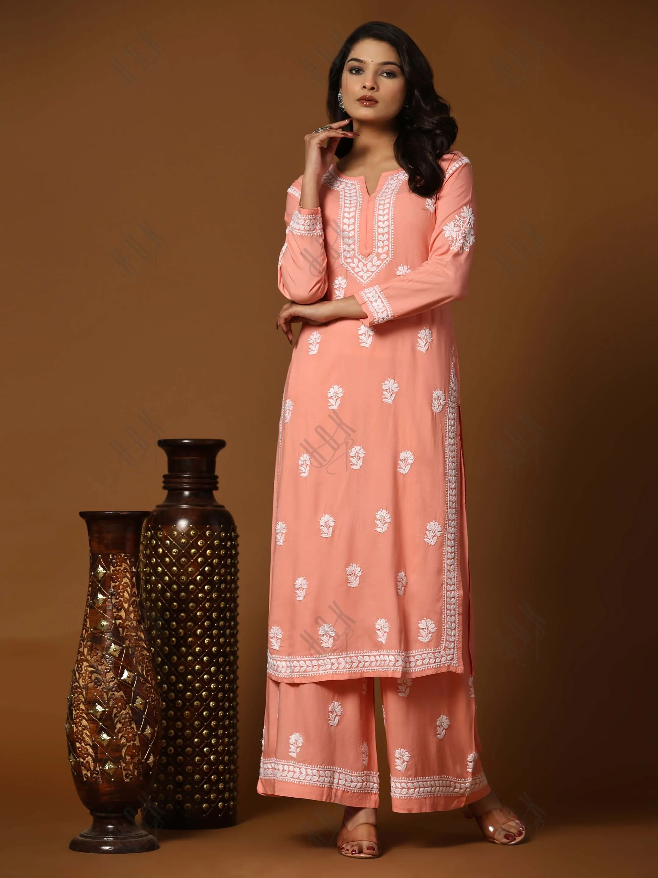 Noor Chikankari CO-ORD Set In Rayon for Women In Peach