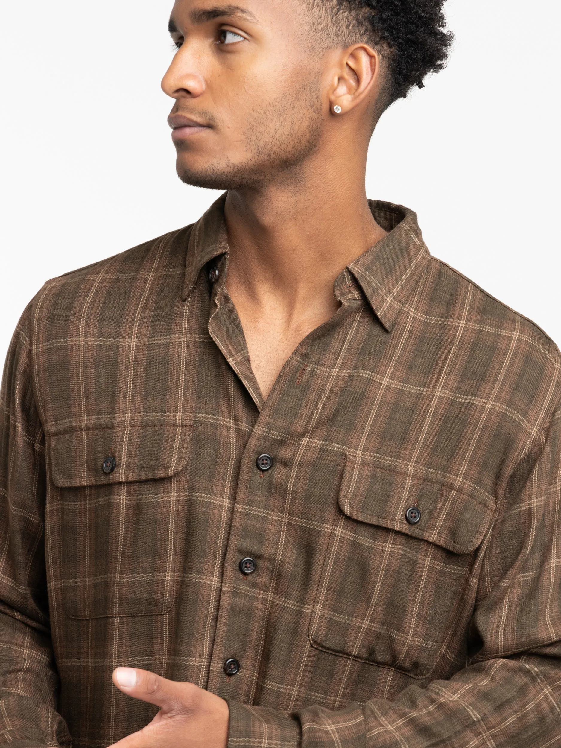 Olive Brown Classic Fit Plaid Twill Workshirt