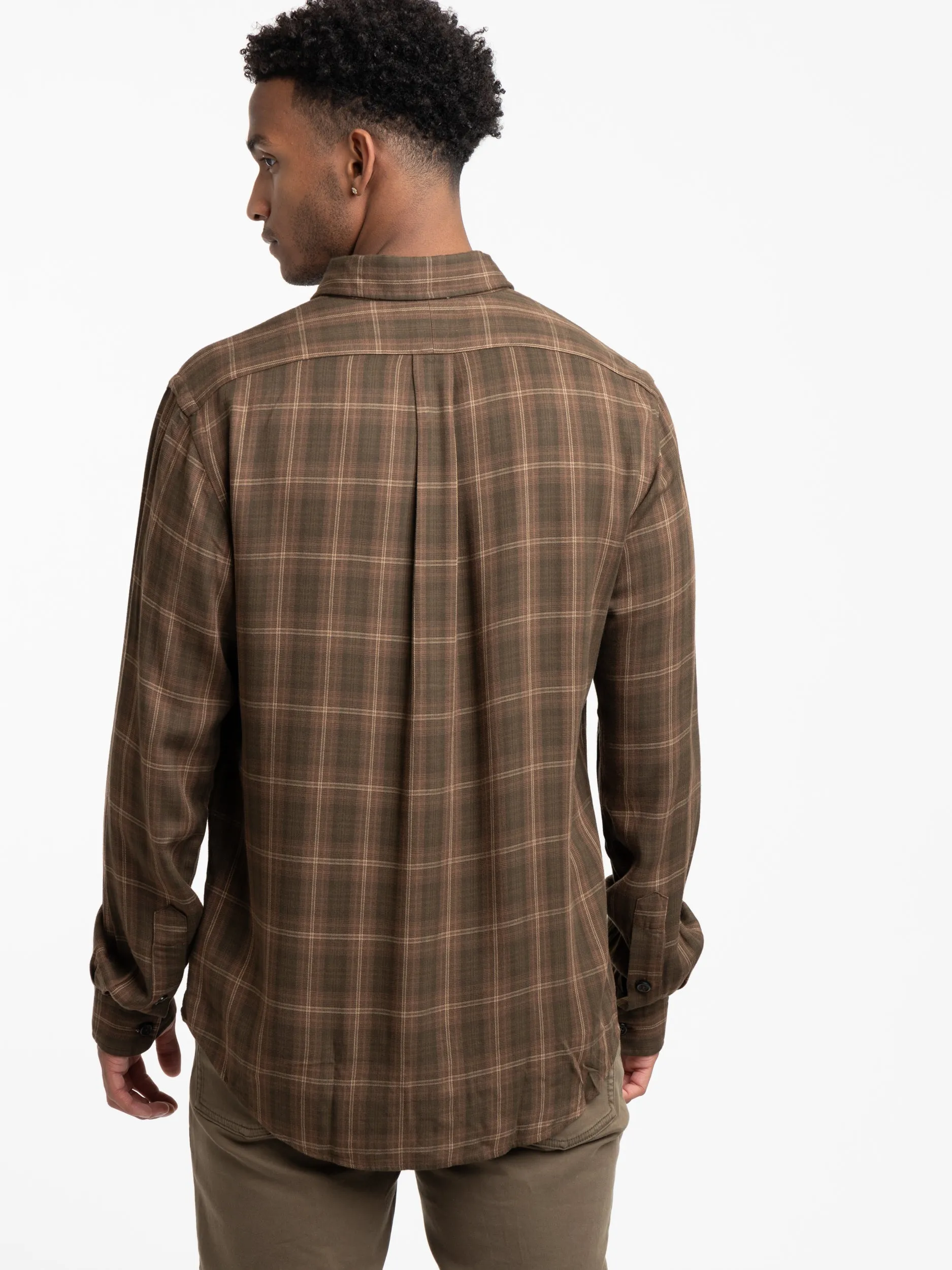 Olive Brown Classic Fit Plaid Twill Workshirt