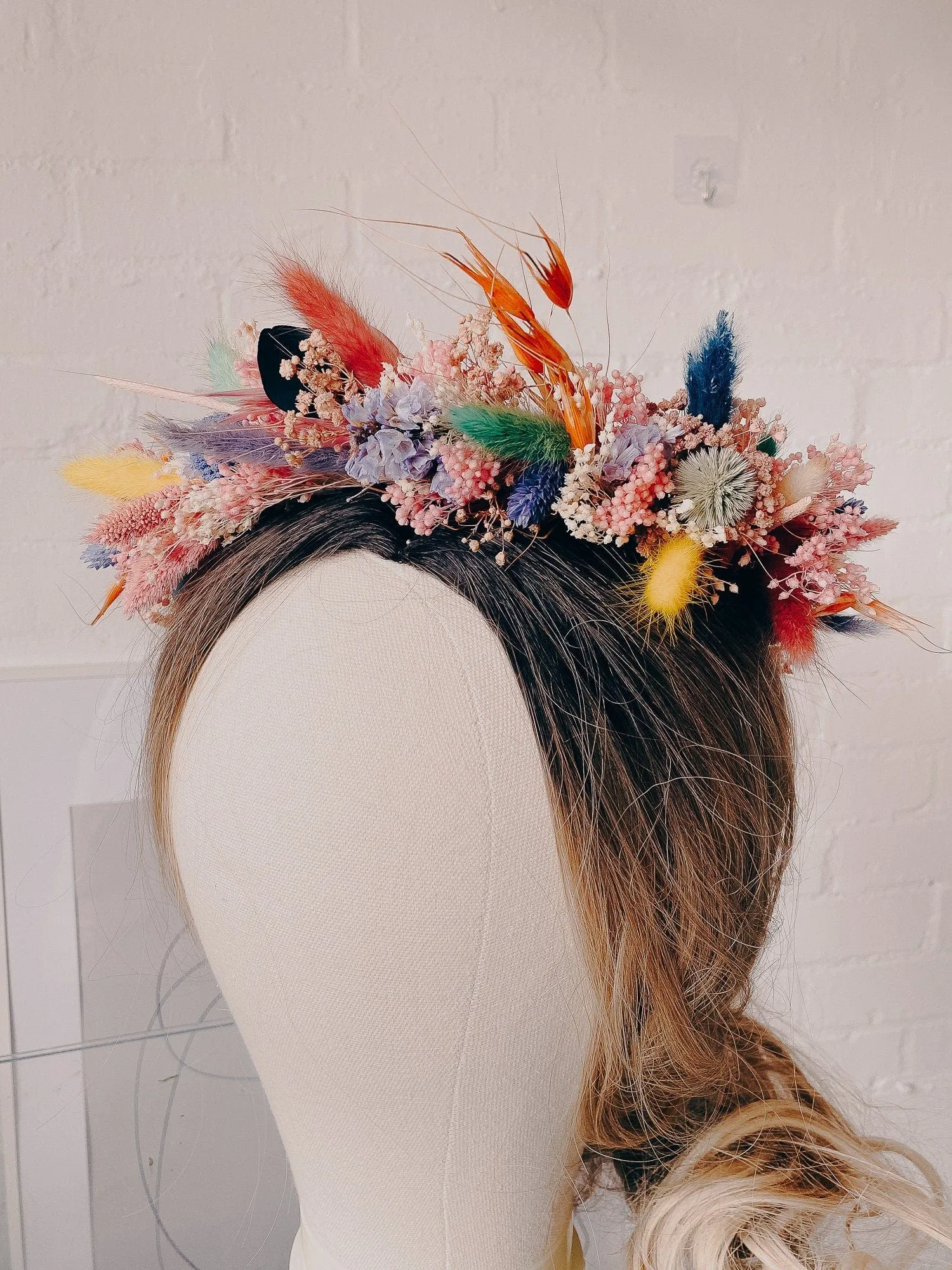 Pastel Dream Wildflowers Bunny Tails, Yarrow Flowers & other dried flowers crown / colourful bridal crown / wedding flower crown