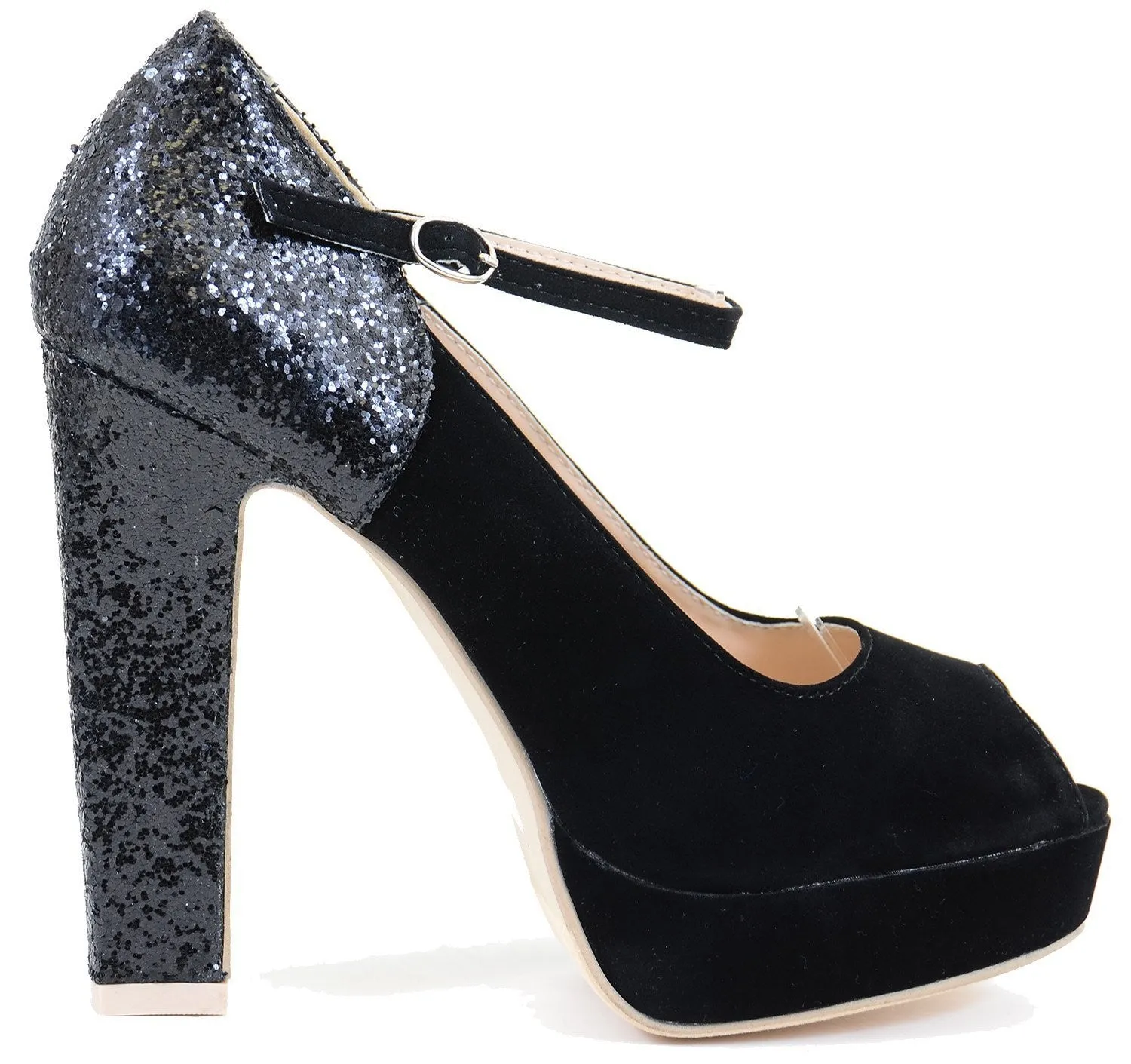 Peep-toe Glitter Mary Jane Women Chunky Heel Hidden Platform Pumps Shoes