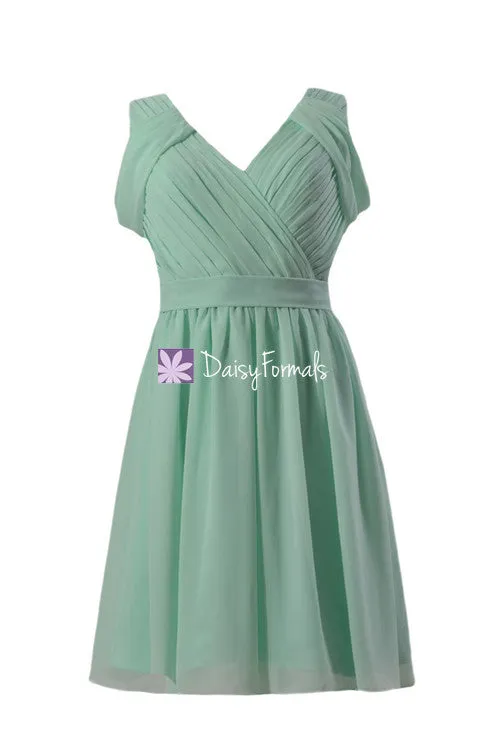 Pleated Mint Green Chiffon Bridesmaid Dress Short V-Neck Evening Dress(BM283S)