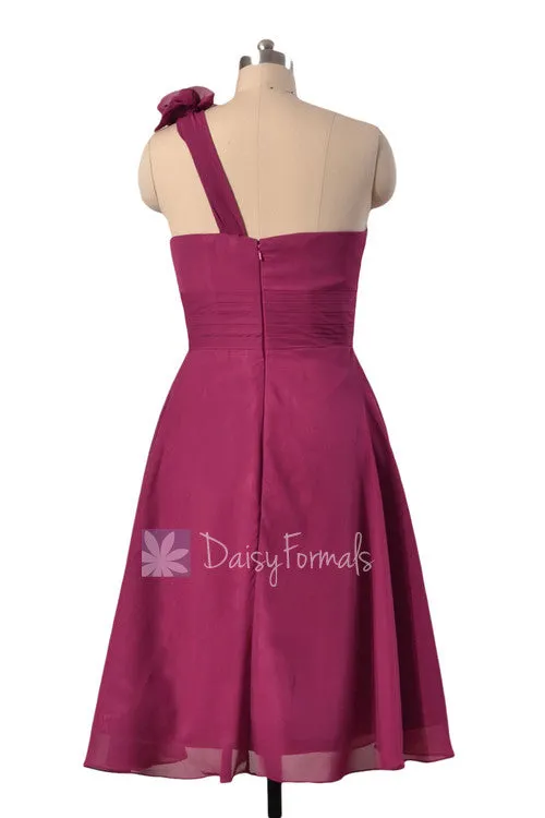 Purple Wedding Party Dress Short One Shoulder Chiffon Dress W/Fabric Flowers(BM10358)