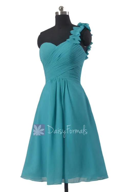 Short Cyan One-Shoulder Chiffon Bridesmaid Dress Turquoise Chiffon Bridal Party Dress(BM300)