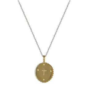 Sterling Silver & 10K Gold Thin Cross Medal Pendant