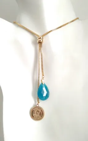 Teardrop Teal Jade with Saint Benedict Medal Slider Necklace