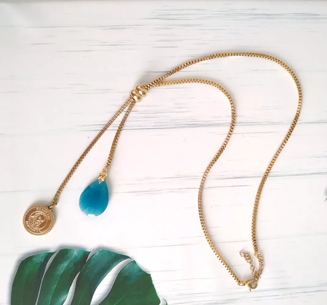 Teardrop Teal Jade with Saint Benedict Medal Slider Necklace