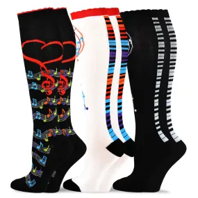 TeeHee Socks Women's Novelty Cotton Knee High Music Heart 3-Pack (12002)