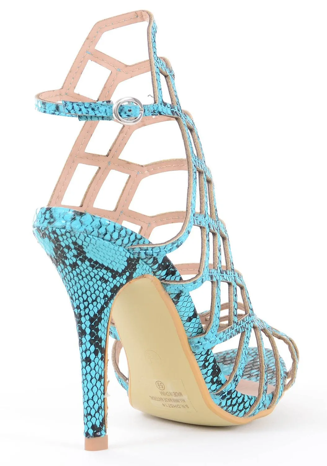 Turquoise Caged Gladiator Vegan Leather Women Heels Sandals