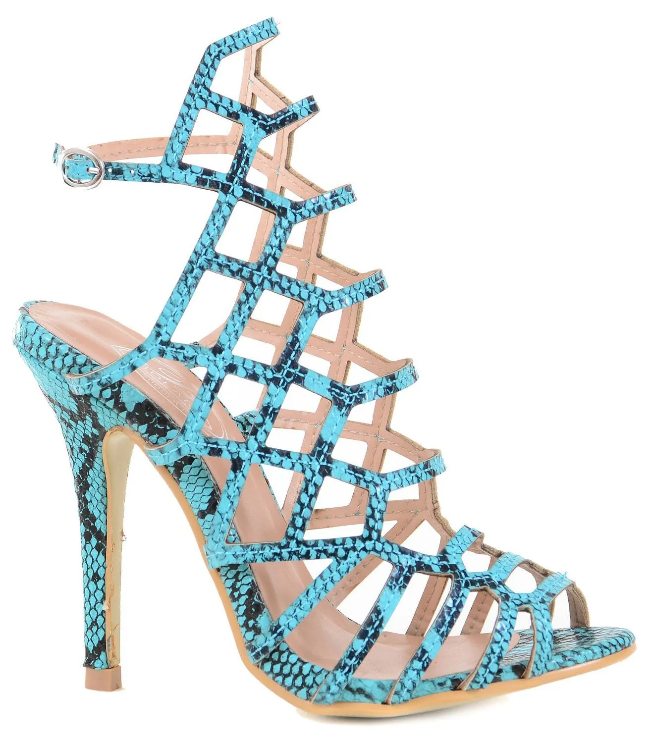 Turquoise Caged Gladiator Vegan Leather Women Heels Sandals