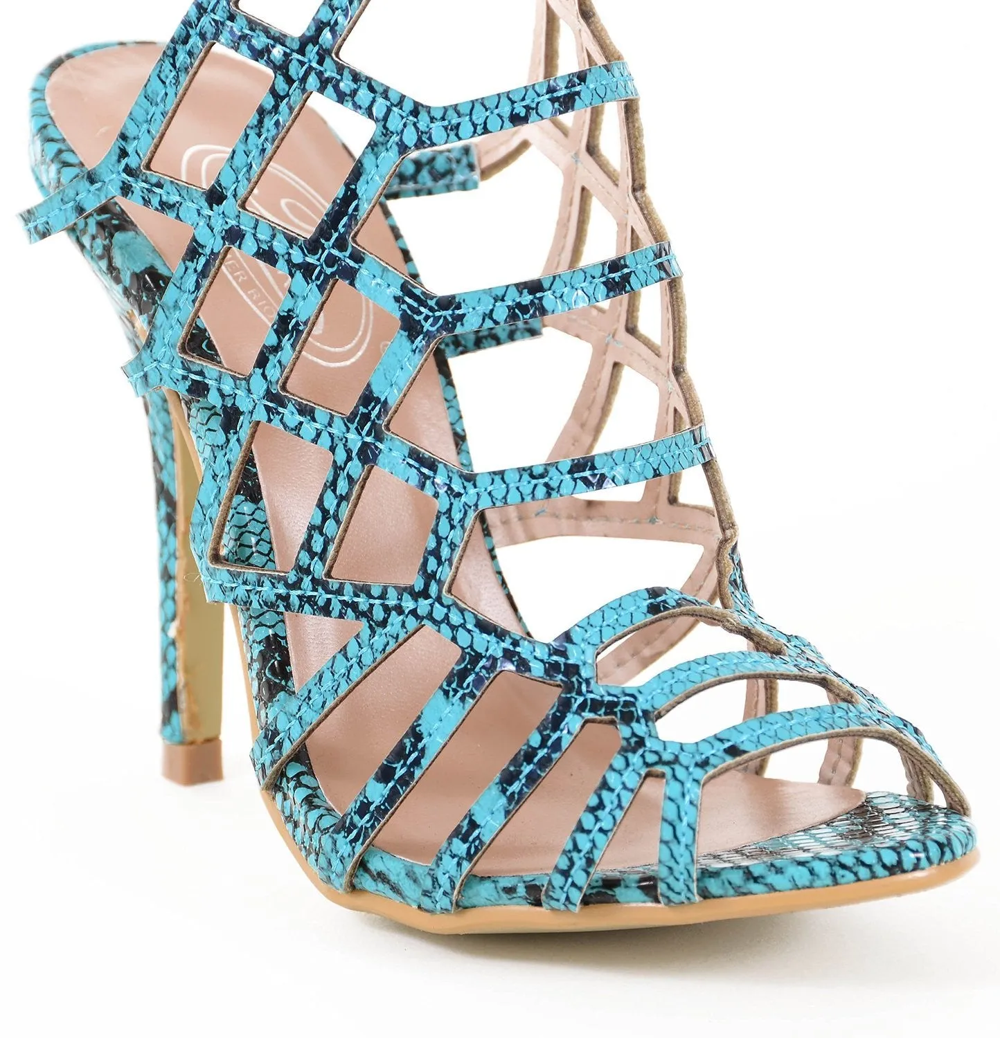 Turquoise Caged Gladiator Vegan Leather Women Heels Sandals