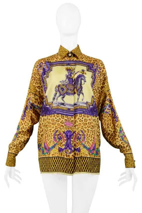 VERSACE BAROQUE EQUESTRIAN RIDER & LEOPARD PRINT SILK BLOUSE