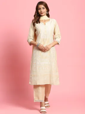 Women Beige Placement Printed Kurta Comfort Pant Dupatta