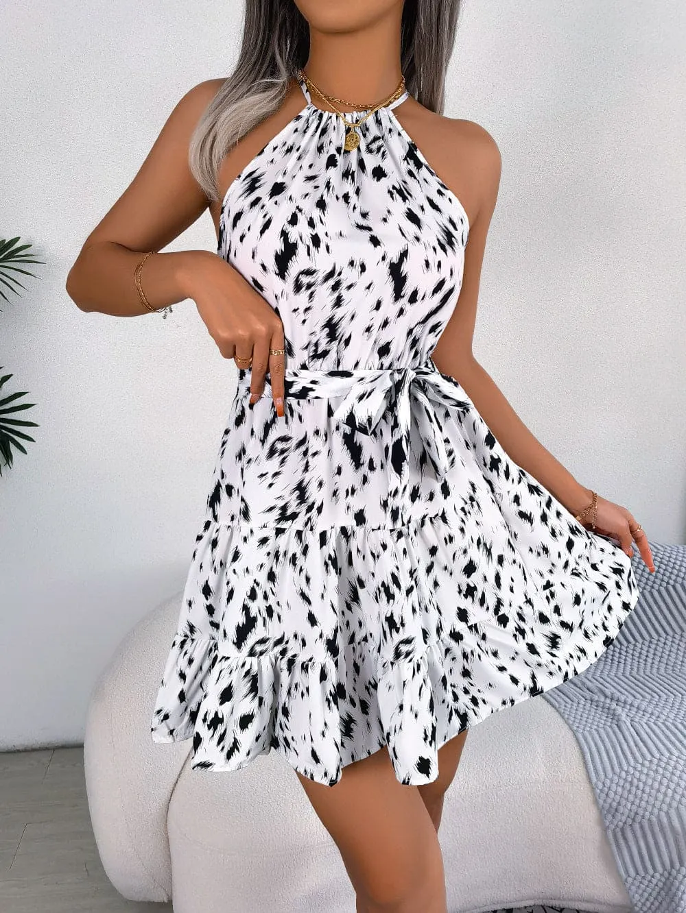 Women's Summer Beach Dress - Casual Leopard Print Ruffled Swing Dress for Stylish Comfort